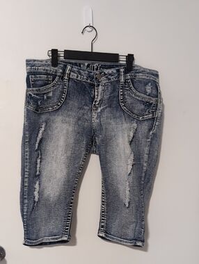 Distressed Mid-Wash Blue Women's Denim Shorts